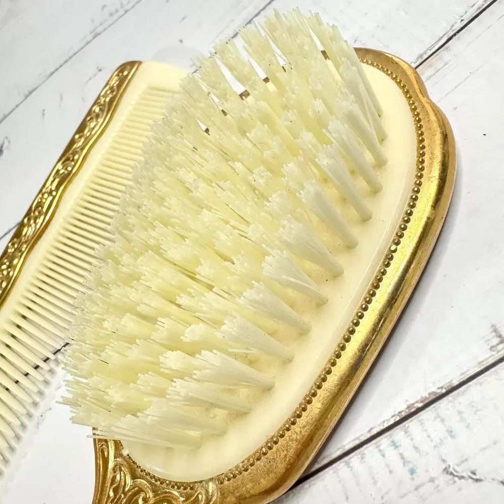 Vintage Gold Tone Brush & Comb Vanity Set Celluloid EUC Art Deco Style READ